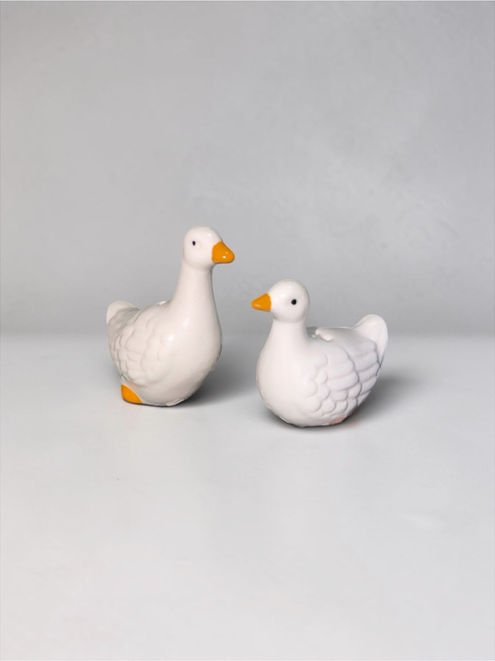 White Ceramic Duck Salt and Pepper Shakers with Orange Beaks